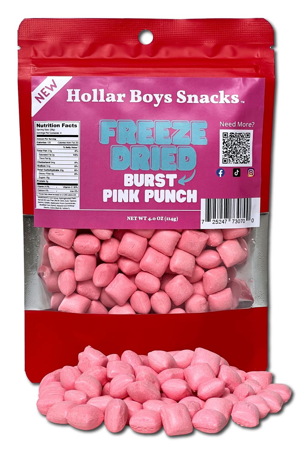 Hollar Boys Snacks Freeze Dried Burst Pink Punch Candy Resealable Bag (4oz)
