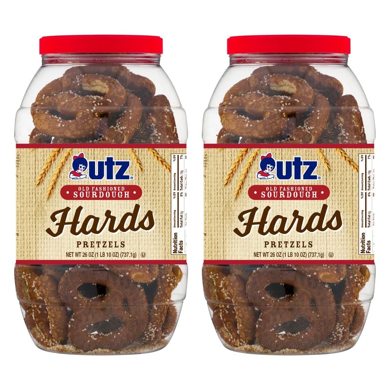 Utz Old Fashioned Sourdough Hard Pretzels - 26 oz Barrel (2 Count) - Big and Thick Classic Pretzel Twists, Crunchy Sourdough Pretzel with Zero Cholesterol, Brown