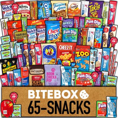 BITEBOX Snack Box (65 Count) Valentines Day Variety Pack Care Package Gift Basket Adult Kid Guy Girl Women Men Birthday College Student Office School