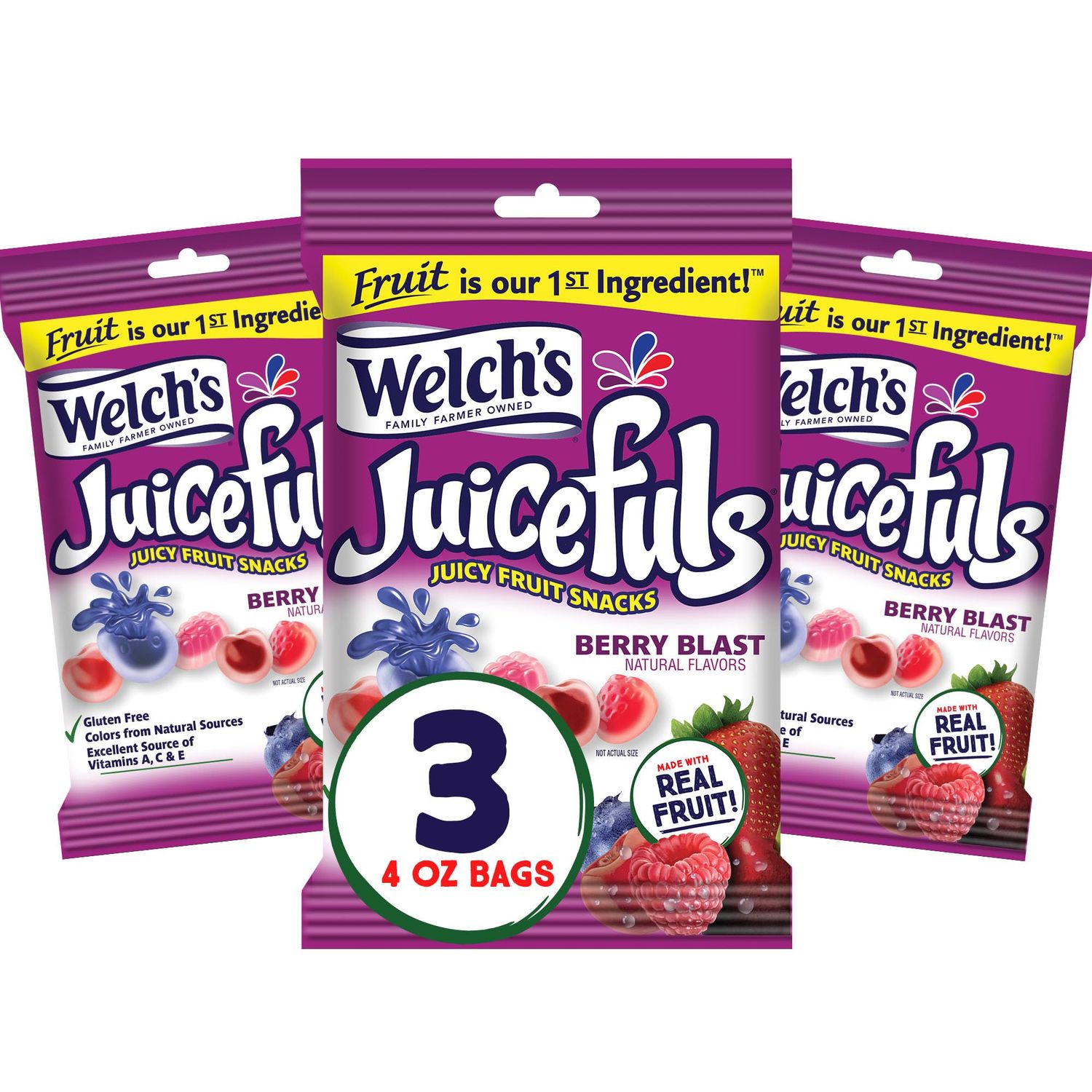 Welch&#39;s Juicefuls Juicy Fruit Snacks, Berry Blast, Fruit Gushers, Gluten Free, 4 oz Sharing Size Bags (Pack of 3)