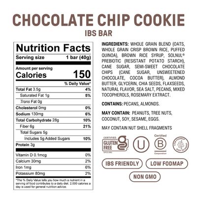 Fody Foods IBS Bar with Prebiotic Fiber | Chocolate Chip Cookie | Low Fodmap Snack | Supports GI Health | High in Fiber, 6 Grams Per Bar | Gluten Free, Lactose Free, Vegan | Pack of 12