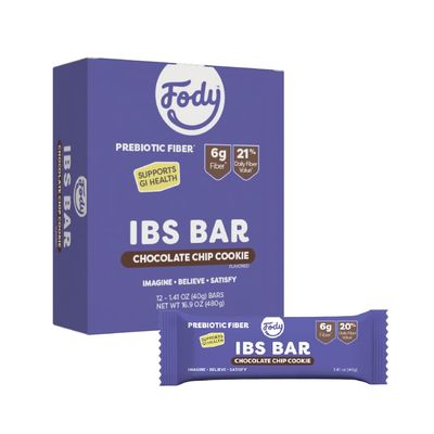 Fody Foods IBS Bar with Prebiotic Fiber | Chocolate Chip Cookie | Low Fodmap Snack | Supports GI Health | High in Fiber, 6 Grams Per Bar | Gluten Free, Lactose Free, Vegan | Pack of 12