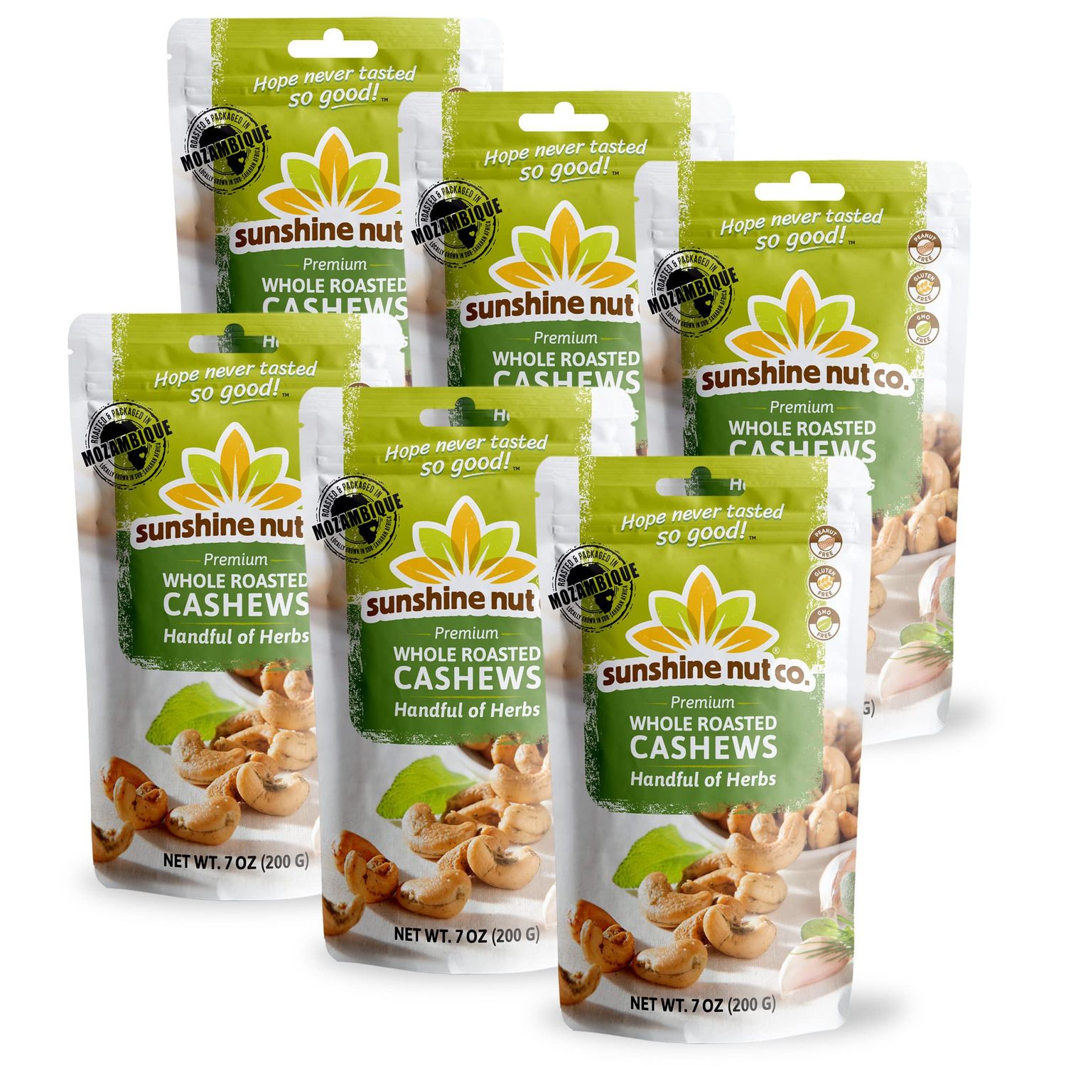 Sunshine Nut Co. Whole Roasted Lightly Salted Cashews, Handful of Herbs Flavor, 6 Pack, 7 oz. Each, Gluten Free, Peanut Free and Vegan Individual Snack Packs for Kids and Adults, GMO Free