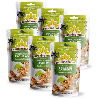 Sunshine Nut Co. Whole Roasted Lightly Salted Cashews, Handful of Herbs Flavor, 6 Pack, 7 oz. Each, Gluten Free, Peanut Free and Vegan Individual Snack Packs for Kids and Adults, GMO Free
