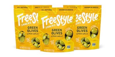 Freestyle Snacks Olive Snack Packs - Fresh Pitted Green Olives, Jumbo-Sized, Grown in Greece, All Natural, Non-GMO, Paleo, Sugar-Free, Keto Snacks, Low Calorie Snacks - Lemon Garlic, 4oz (3 Pack)