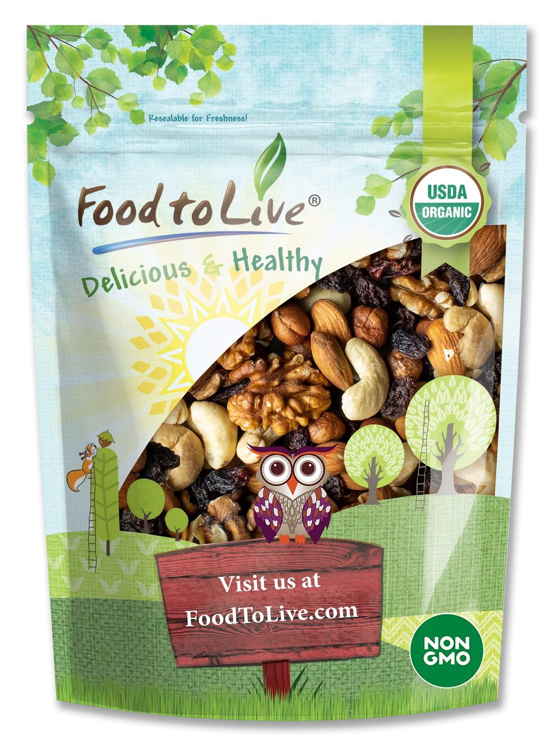 Food to Live Organic Go Raw Trail Mix, 8 Ounces - Raw and Non-GMO Snack Mix Contains Walnuts, Almonds, Cashews, Hazelnuts, and Raisins. Vegan Superfood, Kosher, No Added Sugar and Oil, Bulk