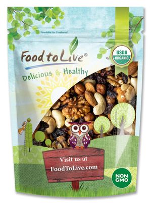 Food to Live Organic Go Raw Trail Mix, 8 Ounces - Raw and Non-GMO Snack Mix Contains Walnuts, Almonds, Cashews, Hazelnuts, and Raisins. Vegan Superfood, Kosher, No Added Sugar and Oil, Bulk