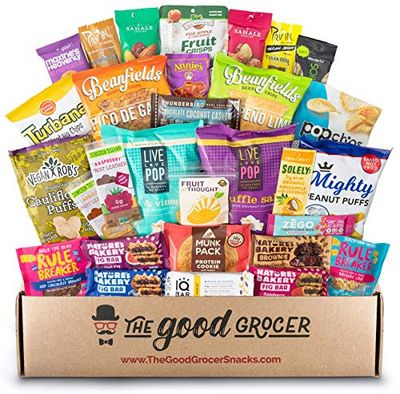 Deluxe VEGAN Snacks Care Package: Delicious Vegan Jerky, Protein Bars, Cookies, Chips, Puffs, Fruit &amp; Nuts, Healthy Gift Basket Alternative, Snack Variety Pack, College Student Care Package