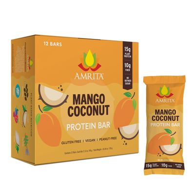 AMRITA Mango Coconut Vegan Protein Bars - PeanutDairy Free, Soy &amp; Gluten Free -15g Plant Based Protein Bars, High Fiber, Low Sugar Meal Replacement Bar - Breakfast Bars - High Protein Bars