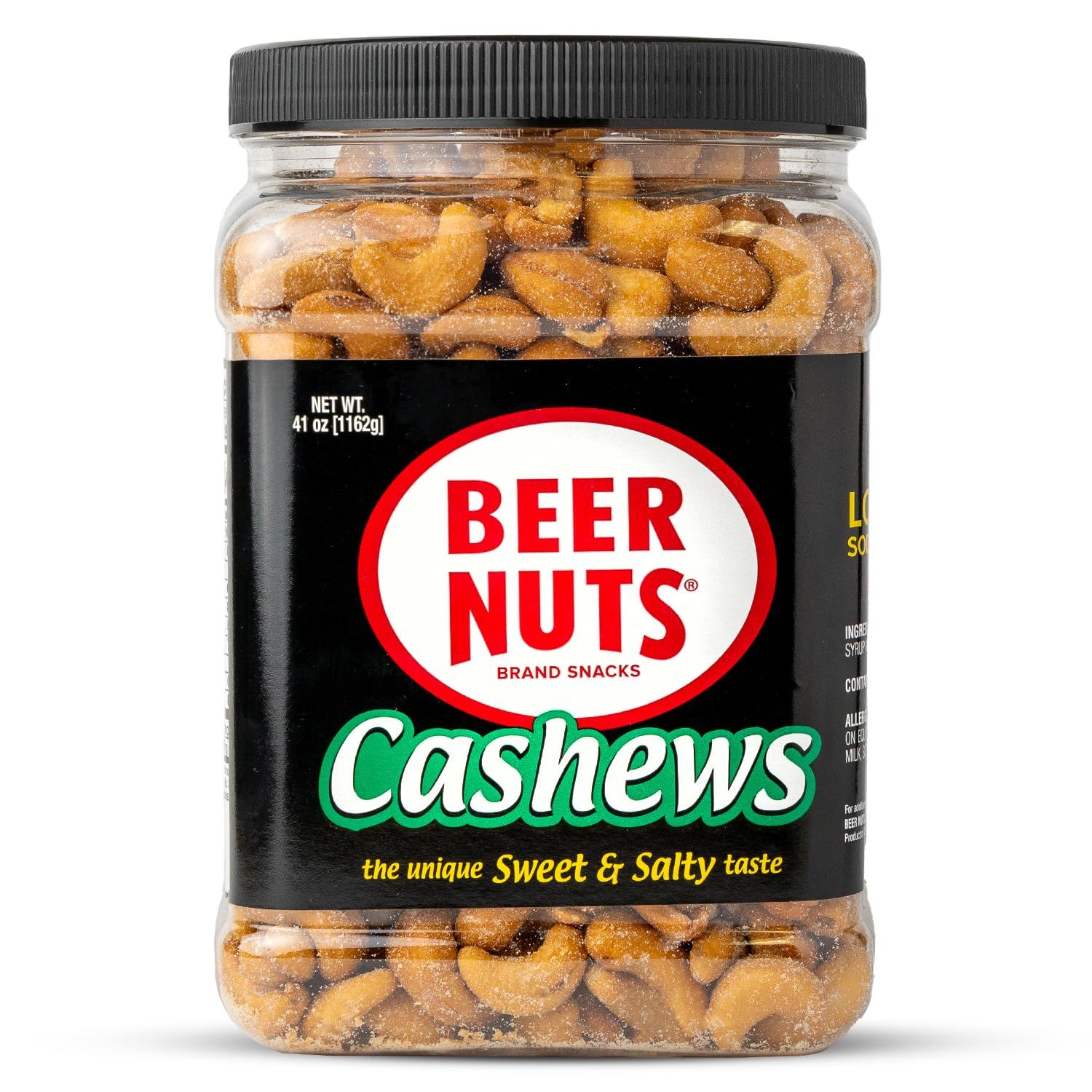 BEER NUTS Cashews - Sweet &amp; Salty Cashews - Gluten Free, Kosher, Low Sodium Nut Snacks Made In The USA - 41oz Resealable Jar (Pack of 1)