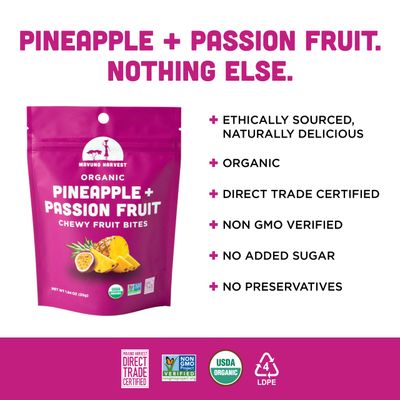 Mavuno Harvest Organic Fruit Snacks - Chewy Fruit Bites - Healthy Food for Kids &amp; Adults - Ethically Sourced, Non-GMO, No Preservatives - Pineapple &amp; Passionfruit - 1.94-oz. Snack Packs, Pack of 3