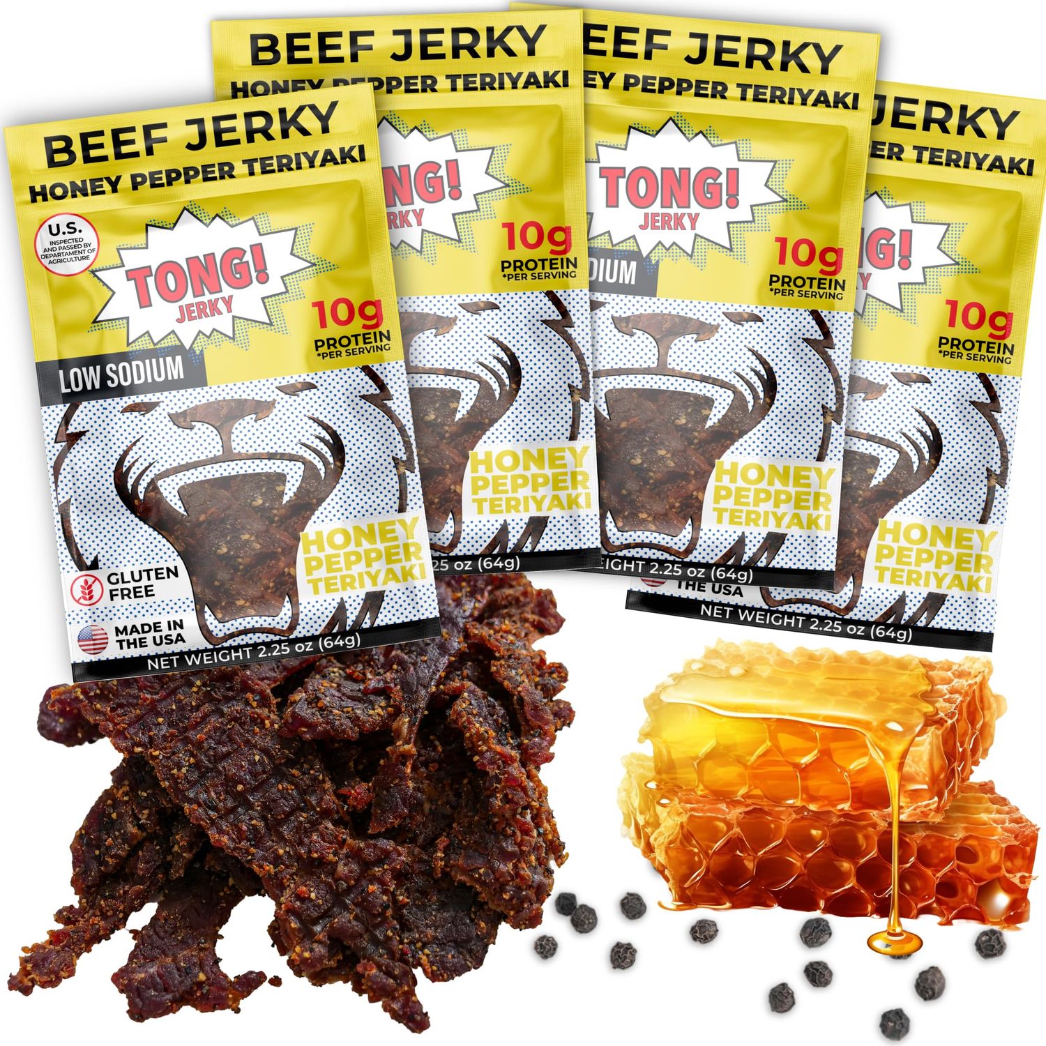 Tong Jerky Honey Pepper Teriyaki Beef Jerky Snacks 2.25 Oz (Pack of 4) - Low-Sugar Jerky, Gluten-Free Beef Jerky, High Protein - People Choice jerky - All-Natural Beef by Keto Jerky - Made in the USA