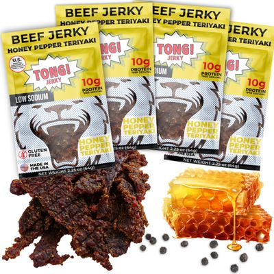 Tong Jerky Honey Pepper Teriyaki Beef Jerky Snacks 2.25 Oz (Pack of 4) - Low-Sugar Jerky, Gluten-Free Beef Jerky, High Protein - People Choice jerky - All-Natural Beef by Keto Jerky - Made in the USA