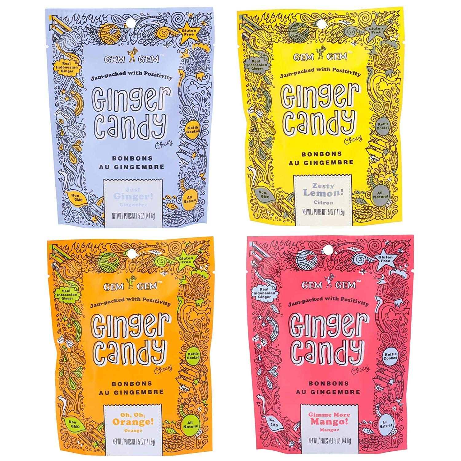 Assorted Ginger Chews (4-Pack)- (4) Gem Gem 5oz Bags - ORIGINAL, MANGO, LEMON &amp; ORANGE | All-Natural, Non-GMO, Gluten Free, Vegan, REAL Indonesian Ginger - The perfect chewy sweet with a kick