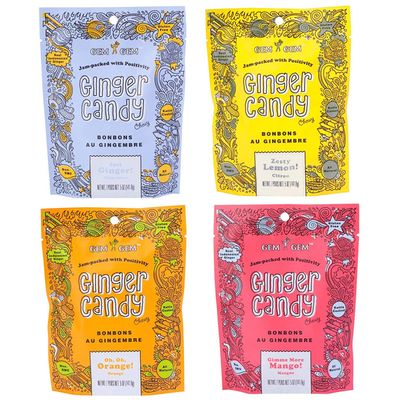 Assorted Ginger Chews (4-Pack)- (4) Gem Gem 5oz Bags - ORIGINAL, MANGO, LEMON &amp; ORANGE | All-Natural, Non-GMO, Gluten Free, Vegan, REAL Indonesian Ginger - The perfect chewy sweet with a kick