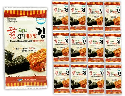 Korean Crispy Seasoned Seaweed Snacks Kimchi Spicy Sheets - 12 Individual Packs 100% Natural Laver 12 Pack Roasted Nori Snack Healthy Premium Gim by Unha&#39;s Asian Snack Box (Kimchi)