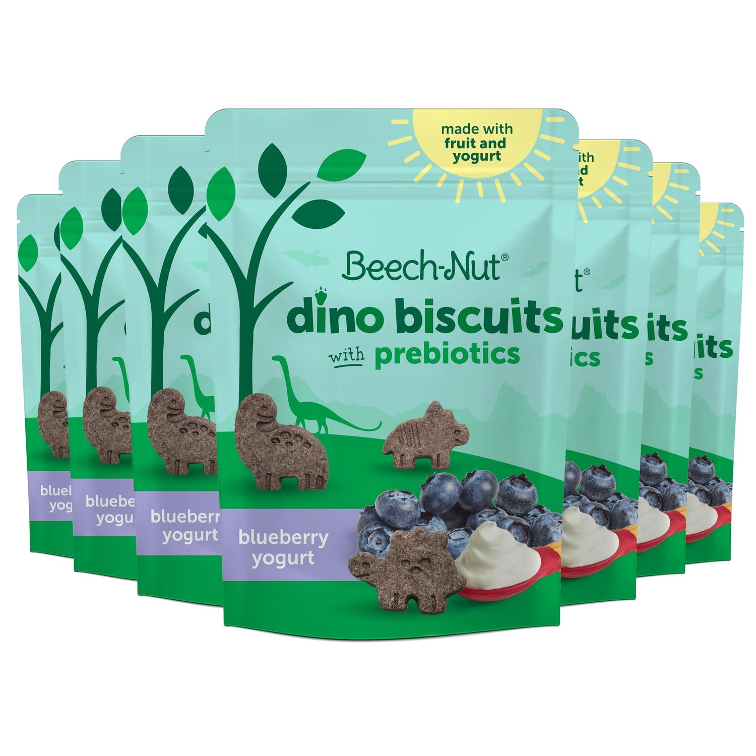 Beech-Nut Toddler Snacks, Dino Biscuits with Prebiotics, Blueberry Yogurt, Non-GMO Baked Snack for Kids, 5 oz Bag (7 Pack)