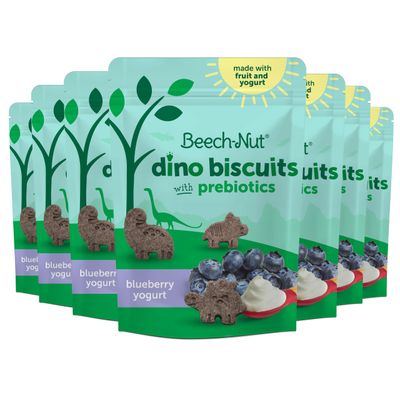 Beech-Nut Toddler Snacks, Dino Biscuits with Prebiotics, Blueberry Yogurt, Non-GMO Baked Snack for Kids, 5 oz Bag (7 Pack)