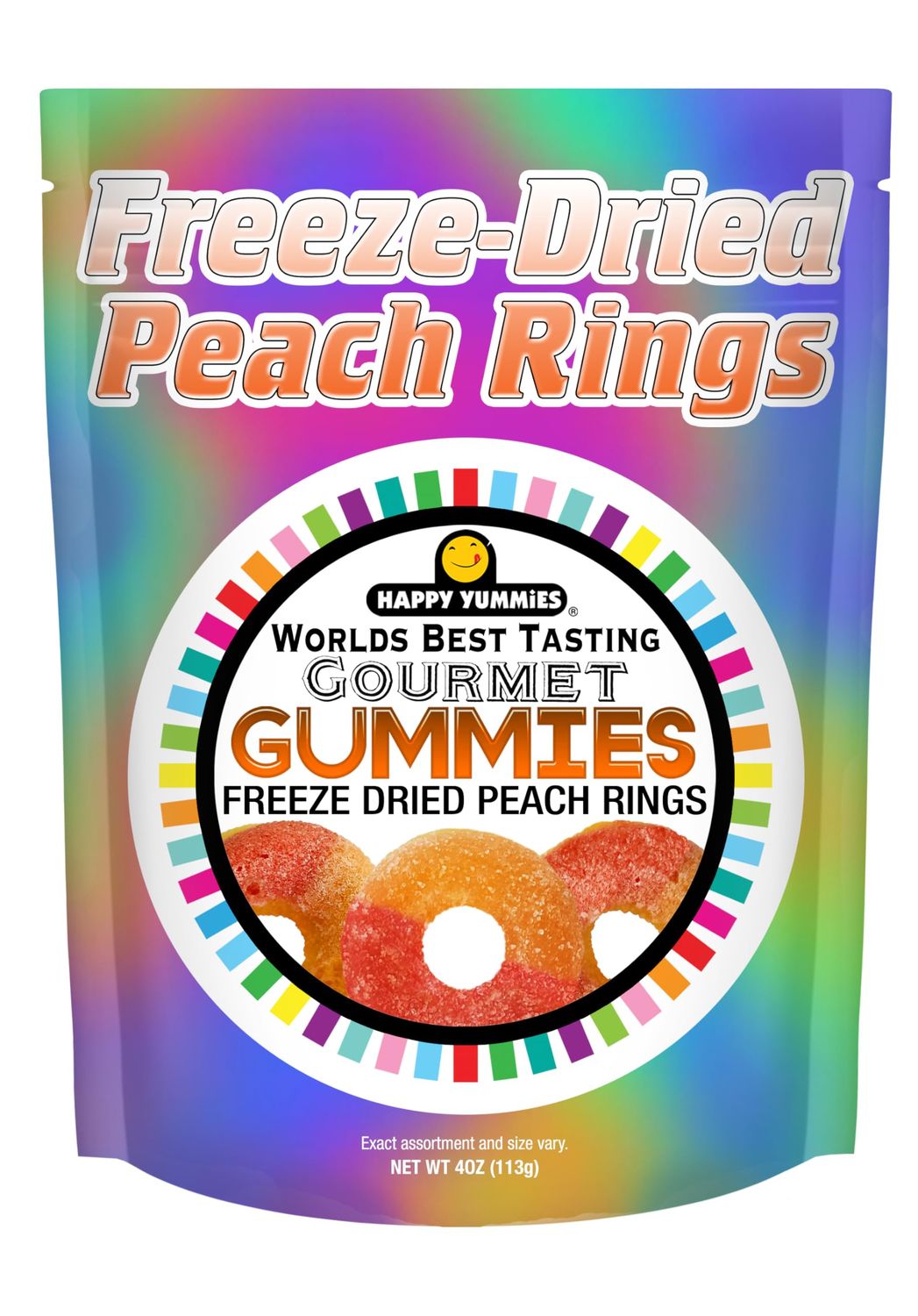 Happy Yummmies Freeze Dried Candy, Freeze Dried Peach Rings, Gummy Candy Snacks, Gourmet Gummy Candies, Premium Gummi Peaches, with fun Resealable Bag - 4 OZ