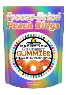 Happy Yummmies Freeze Dried Candy, Freeze Dried Peach Rings, Gummy Candy Snacks, Gourmet Gummy Candies, Premium Gummi Peaches, with fun Resealable Bag - 4 OZ