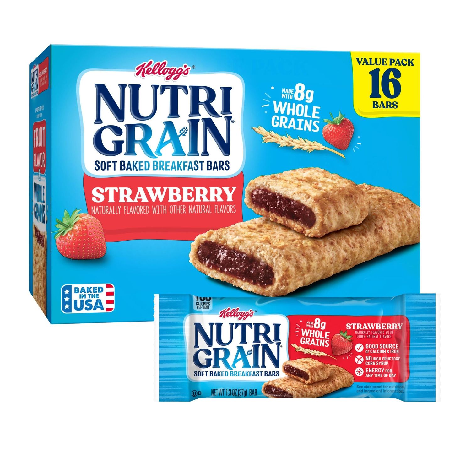 Nutri-Grain Soft Baked Breakfast Bars, Kids Snacks, Cereal Bars, Value Pack, Strawberry, 20.8oz Box (16 Bars)