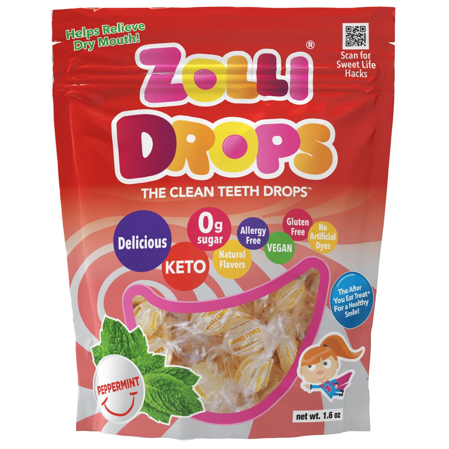 Zollipops Clean Teeth Zolli Drops 1.6oz - Peppermint Flavor for Dental-Friendly and Delicious Sugar-Free Snacking