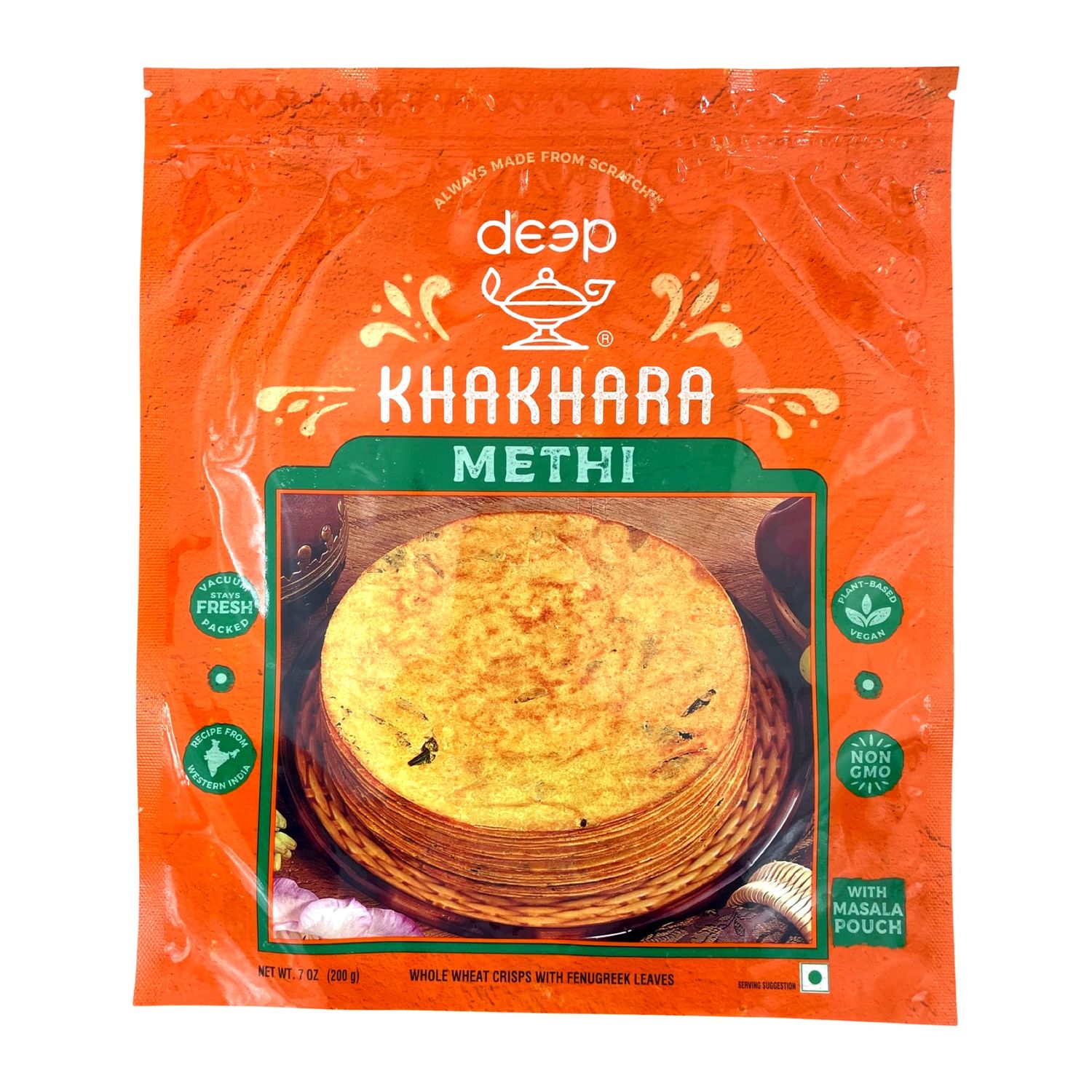 Deep Methi Khakhara - 7 oz | 100% Natural Ingredient | Thin &amp; Crispy | Traditional Gujrati Indian Ready to Eat Snacks | Tasteful &amp; Healthy | Hygienically Vacuum Packed | Serve with Tea &amp; Coffee