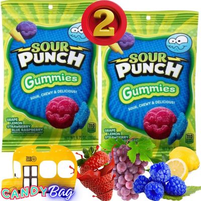 (PACK OF 2) Sour Punch Gummies - 6.75oz Each Bag - NEW - Blue Raspberry, Strawberry, Grape, Lemon Flavors - Sour, Chewy &amp; Gummies Candy - Comes With Resealable ZipBag by Think Candy (Sour Gummies)