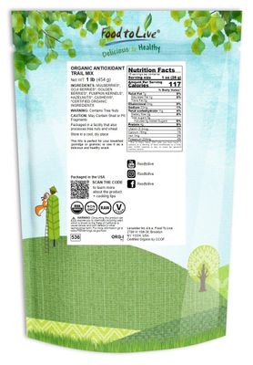 Food to Live Organic Antioxidant Trail Mix, 1 Pound - Contains Mulberries, Goji Berries, Golden Berries, Pumpkin Seeds, Hazelnuts, Cashews. Non-GMO.