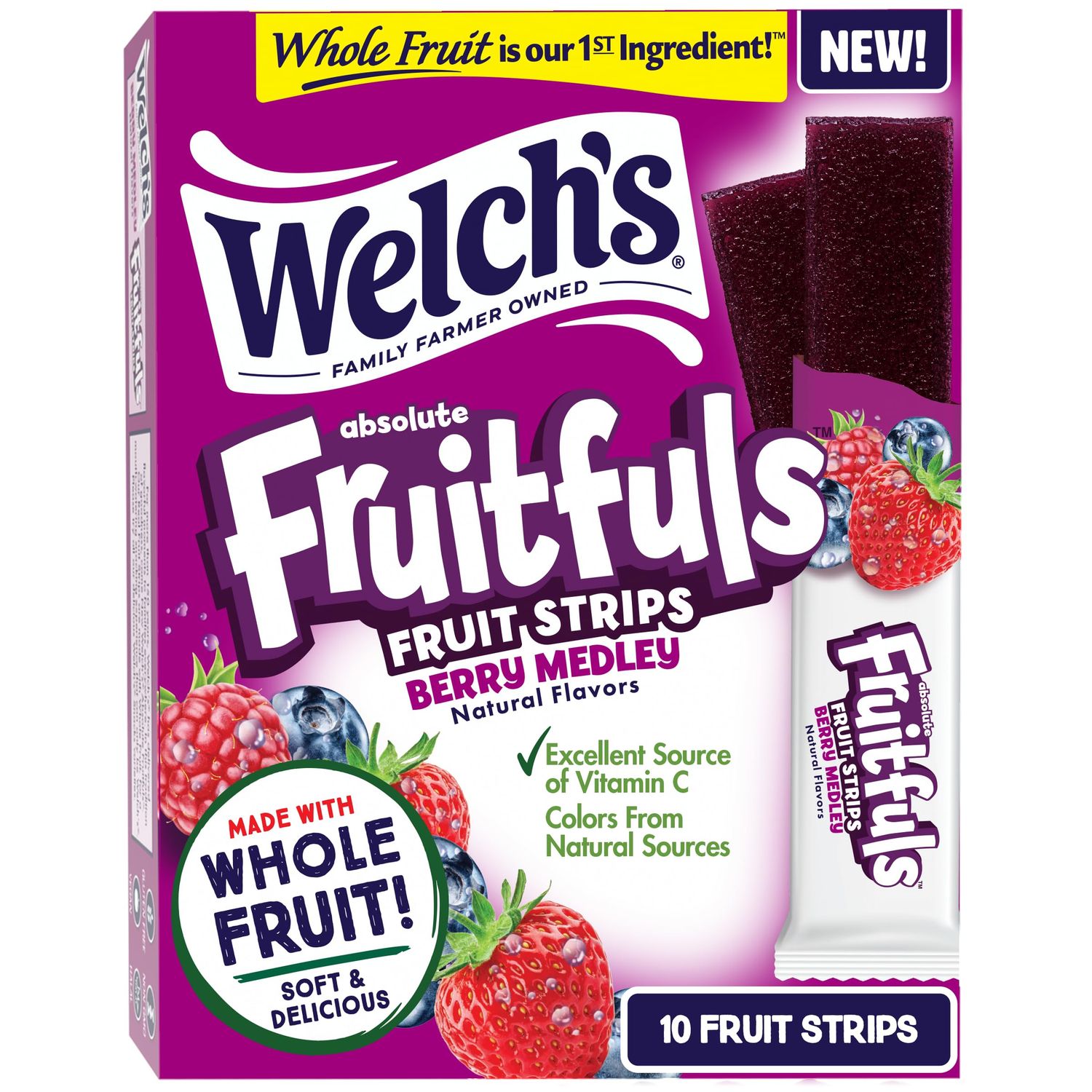 Welchs Absolute Fruitfuls Fruit Strips, Tasty Dried Fruit Snacks for School Lunches, Berry Medley, 0.5oz (Pack of 10)