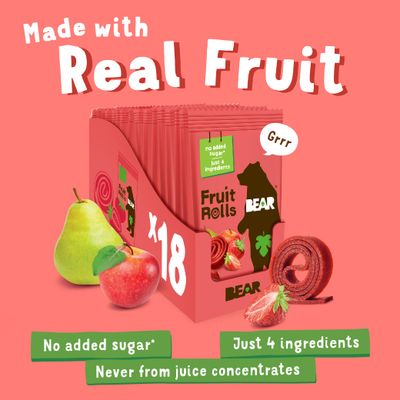 BEAR Real Fruit Snack Rolls - Gluten Free, Vegan, and Non-GMO - Strawberry - Healthy School And Lunch Snacks For Kids And Adults, 0.7 Ounce (Pack of 18)