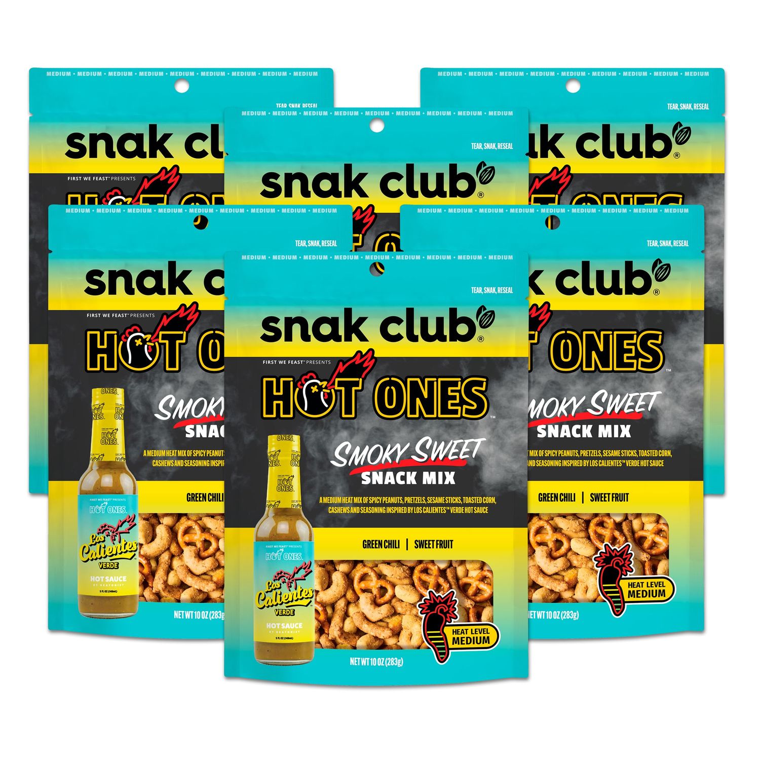 Snak Club x Hot Ones Smoky Sweet Snack Mix, Spicy Snack with Peanuts, Pretzels, Sesame Sticks, Toasted Corn &amp; Cashews, Inspired by Hot Ones Hot Sauce, 10 oz Resealable Bag (6 Count)