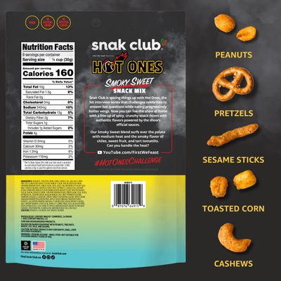 Snak Club x Hot Ones Smoky Sweet Snack Mix, Spicy Snack with Peanuts, Pretzels, Sesame Sticks, Toasted Corn &amp; Cashews, Inspired by Hot Ones Hot Sauce, 10 oz Resealable Bag (6 Count)