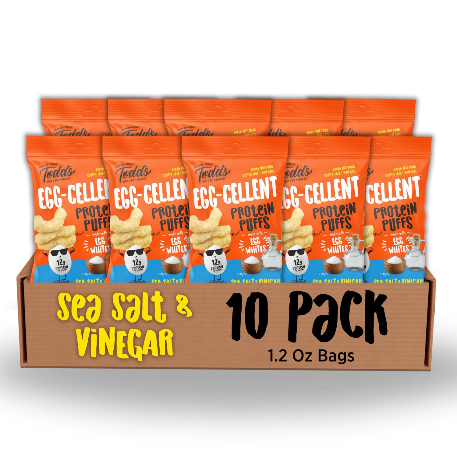 Todd&#39;s Better Snacks Egg-Cellent Protein Puffs, Sea Salt &amp; Vinegar, 1.2 Oz (Pack of 10), Made with Egg Whites, 12g Protein, Gluten Free Healthy Snack