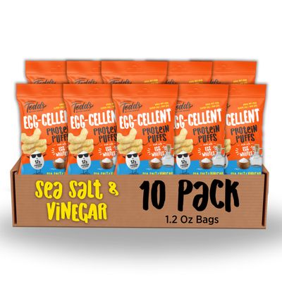 Todd&#39;s Better Snacks Egg-Cellent Protein Puffs, Sea Salt &amp; Vinegar, 1.2 Oz (Pack of 10), Made with Egg Whites, 12g Protein, Gluten Free Healthy Snack