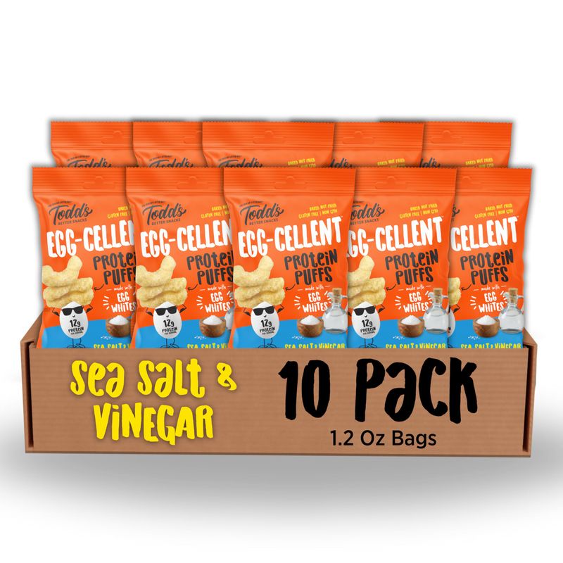 Todd's Better Snacks Egg-Cellent Protein Puffs, Sea Salt &amp; Vinegar, 1.2 Oz (Pack of 10), Made with Egg Whites, 12g Protein, Gluten Free Healthy Snack