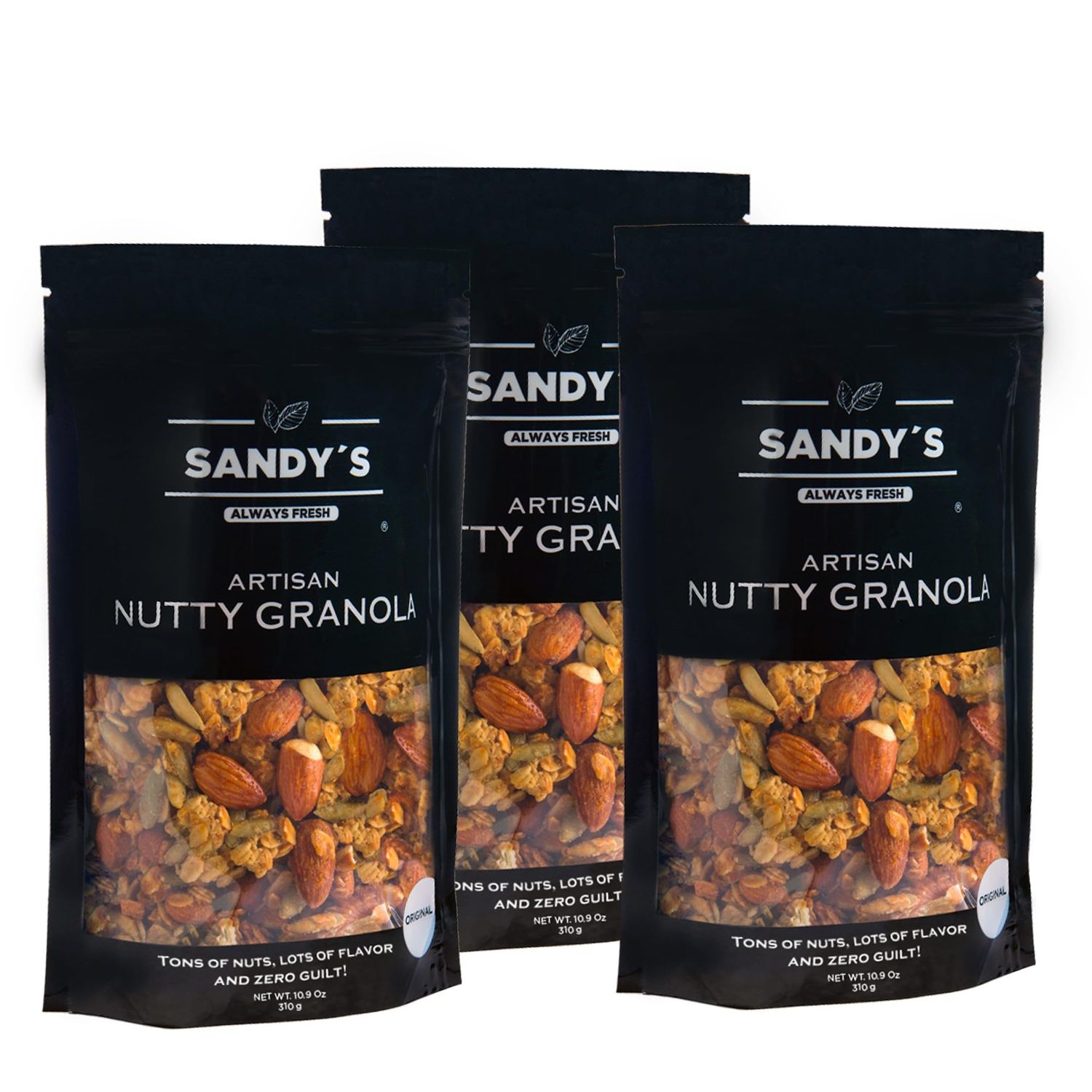 Sandy&#39;s Nutty Granola 3 pack 310g, 10.9 Ounce Each Bag, Healthy Breakfast Almond and Oat Cereal, Made with Almonds, Walnuts, Pumpkin Seeds and Oats, Vanilla Flavor Clusters, Maple Granola Snacks