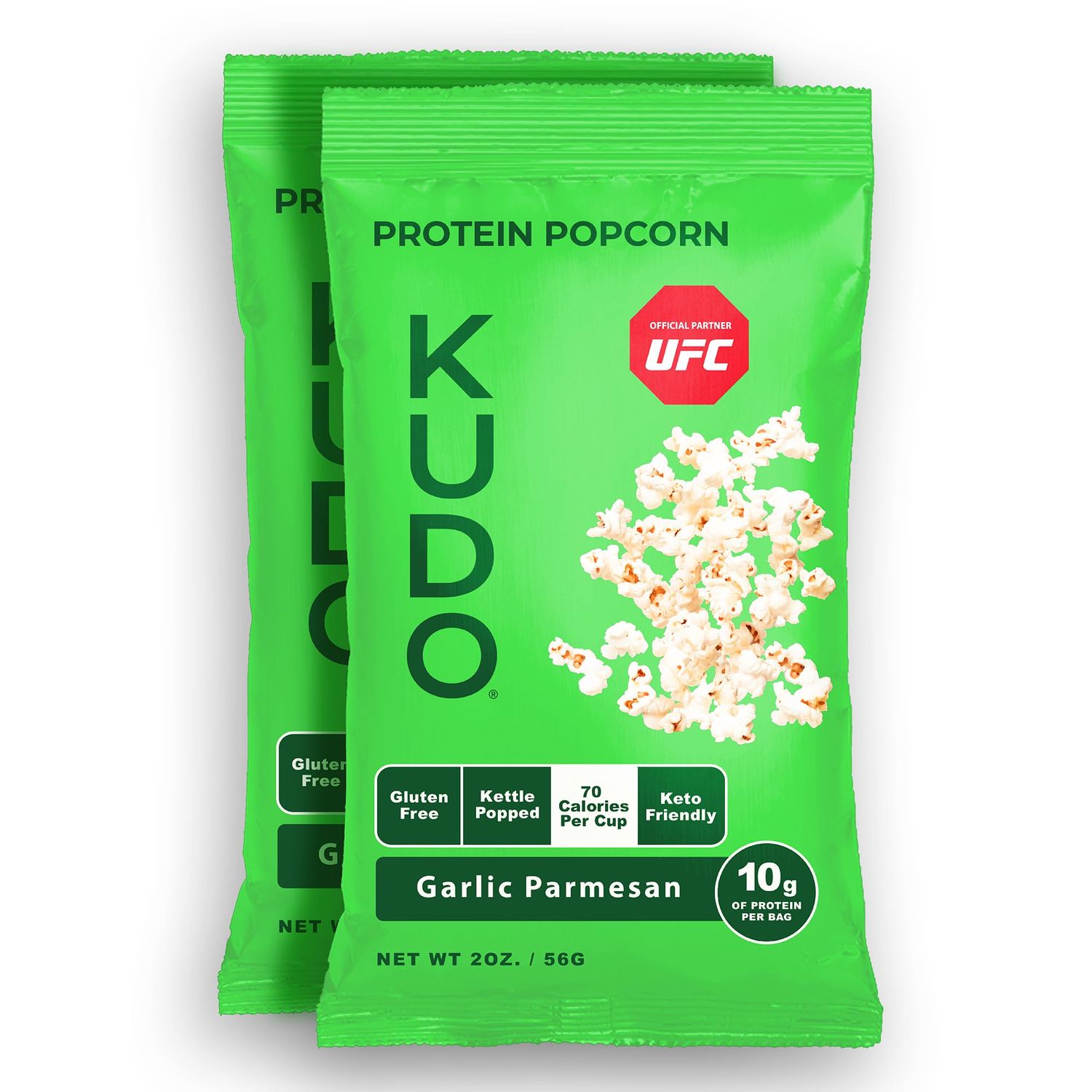 KUDO Protein Popcorn, Garlic Parmesan | 10g of Protein Per Bag | 100% Whole Grain &amp; Non-GMO Healthy Snacks | Keto Friendly &amp; Gluten Free Kettle Popcorn, 2 oz. Bag (2 Pack)