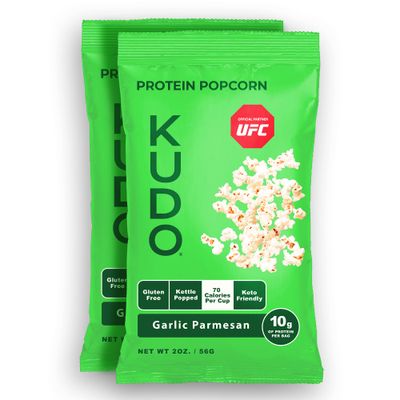 KUDO Protein Popcorn, Garlic Parmesan | 10g of Protein Per Bag | 100% Whole Grain &amp; Non-GMO Healthy Snacks | Keto Friendly &amp; Gluten Free Kettle Popcorn, 2 oz. Bag (2 Pack)