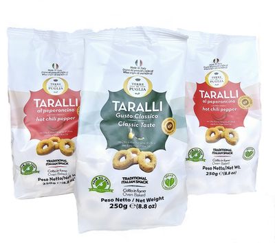 Terre Di Puglia, Taralli Hot Papper and Classic Olive Oil Baked Snacks, Imported from Italy, 8.8oz (Pack of 3) Includes 2 Hot Pepper packs and 1 Classic Style pack- SoHappyStore Bundle