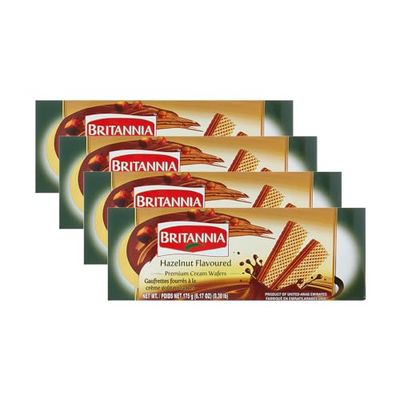 Britannia Hazelnut Flavoured Premium Cream Wafers 6.17oz (175g) - Breakfast &amp; Tea Time Snacks - Crunchy, Healthy and Delicious (Pack of 4)