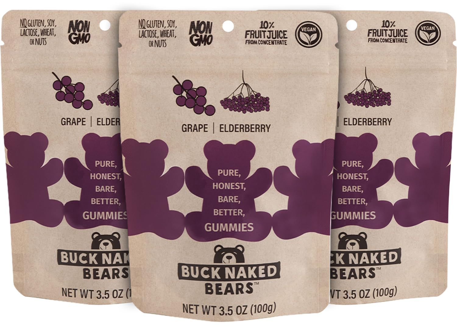Buck Naked Bears - Grape Elderberry Gummy Bears - Soft, Smooth, and Sweeter Like a Fruit Snack - Plant-Based Gummies Good Snack Choice - Non-GMO - Clean Label Gummy Candy, Vegan - 3.5oz 3-Pack