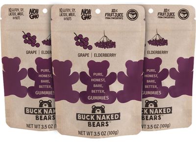 Buck Naked Bears - Grape Elderberry Gummy Bears - Soft, Smooth, and Sweeter Like a Fruit Snack - Plant-Based Gummies Good Snack Choice - Non-GMO - Clean Label Gummy Candy, Vegan - 3.5oz 3-Pack