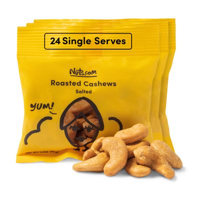 Nuts.com - Roasted Cashews (Salted Single Serve) - Creamy &amp; Savory Flavor, Healthy Snack for Adults &amp; Kids, Good Source of Protein, Fiber, Calcium, Iron &amp; Healthy Fats - Vegan &amp; Gluten-Free - 24 Pack