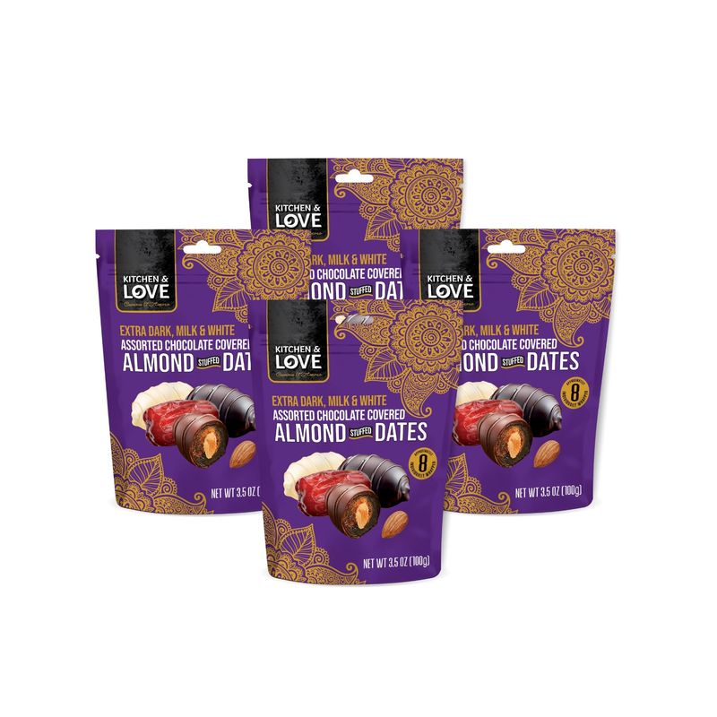 Kitchen &amp; Love Assorted Chocolate Covered Almond Stuffed Dates in a Convenient Resealable Pouch, 8 Individually Wrapped Pieces, Healthy Snack, 3.5 oz pouch (Pack of 4)