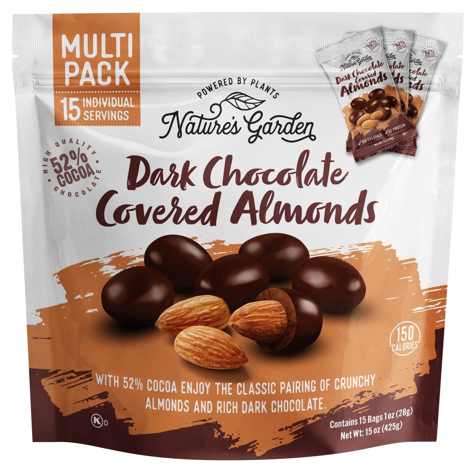 Nature&#39;s Garden Dark Chocolate Covered Almonds Snack Packs - No Trans Fat, Indulgent Snack, Dark Chocolate Almonds, Kosher Certified - 1 Oz Bags (15 Individual Servings)