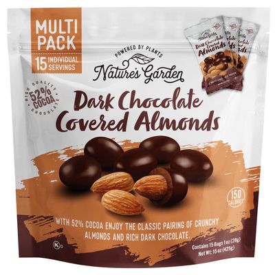 Nature&#39;s Garden Dark Chocolate Covered Almonds Snack Packs - No Trans Fat, Indulgent Snack, Dark Chocolate Almonds, Kosher Certified - 1 Oz Bags (15 Individual Servings)