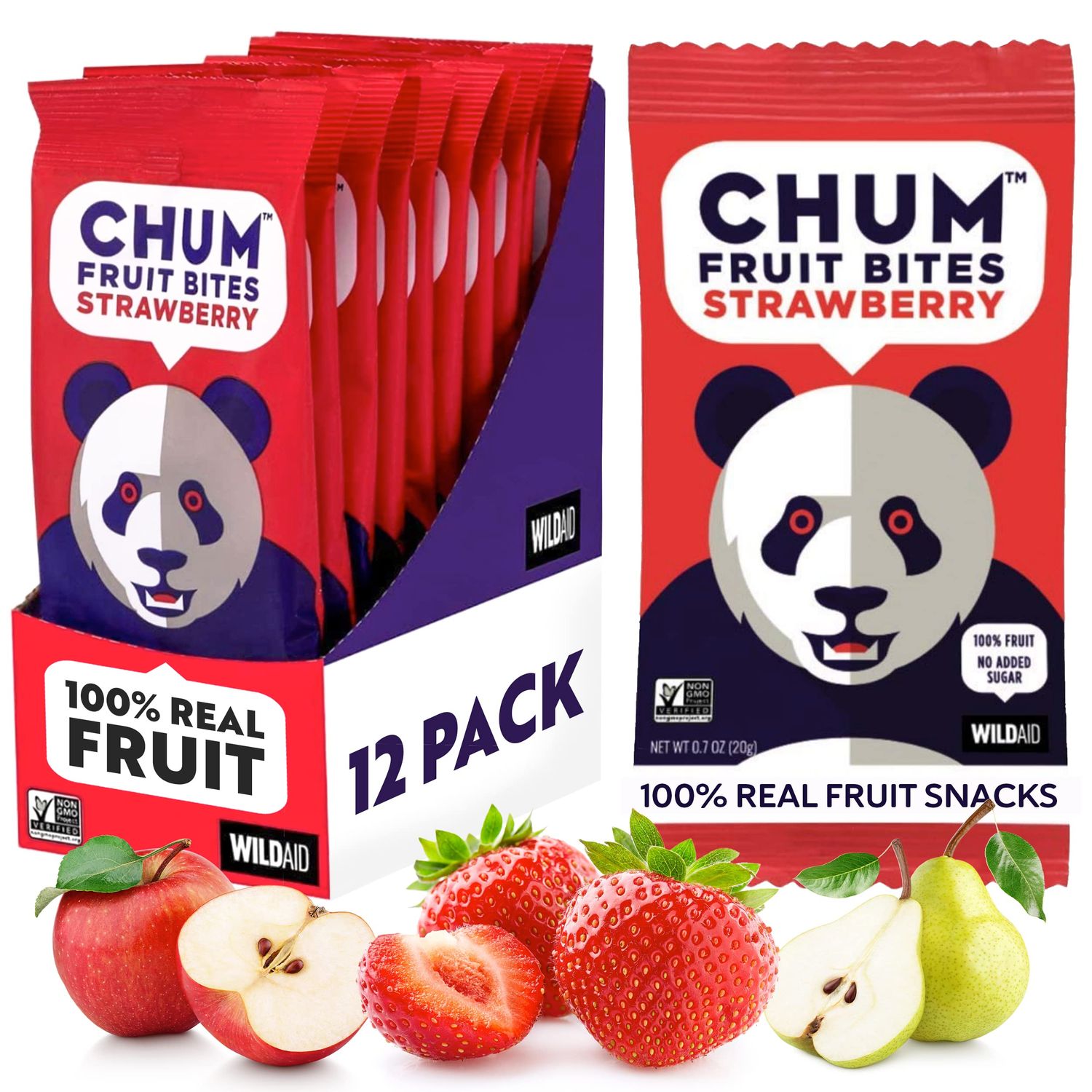 Chum Fruit Bites 100% Real Fruit Snacks-Strawberry, 12-Pack | Non-GMO, No Added Sugar or Preservatives | Healthy Snack | Top 12 Allergen &amp; School Friendly, Nut-Free, Gluten-Free, Vegan, Kosher, Paleo