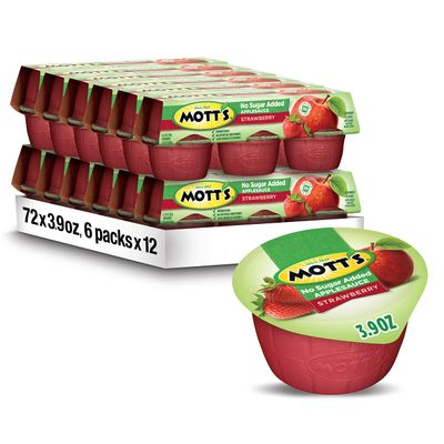 Mott&#39;s No Sugar Added Strawberry Applesauce, 3.9 Oz Cups, 72 Count (12 Packs Of 6), Good Source Of Vitamin C, No Artificial Flavors