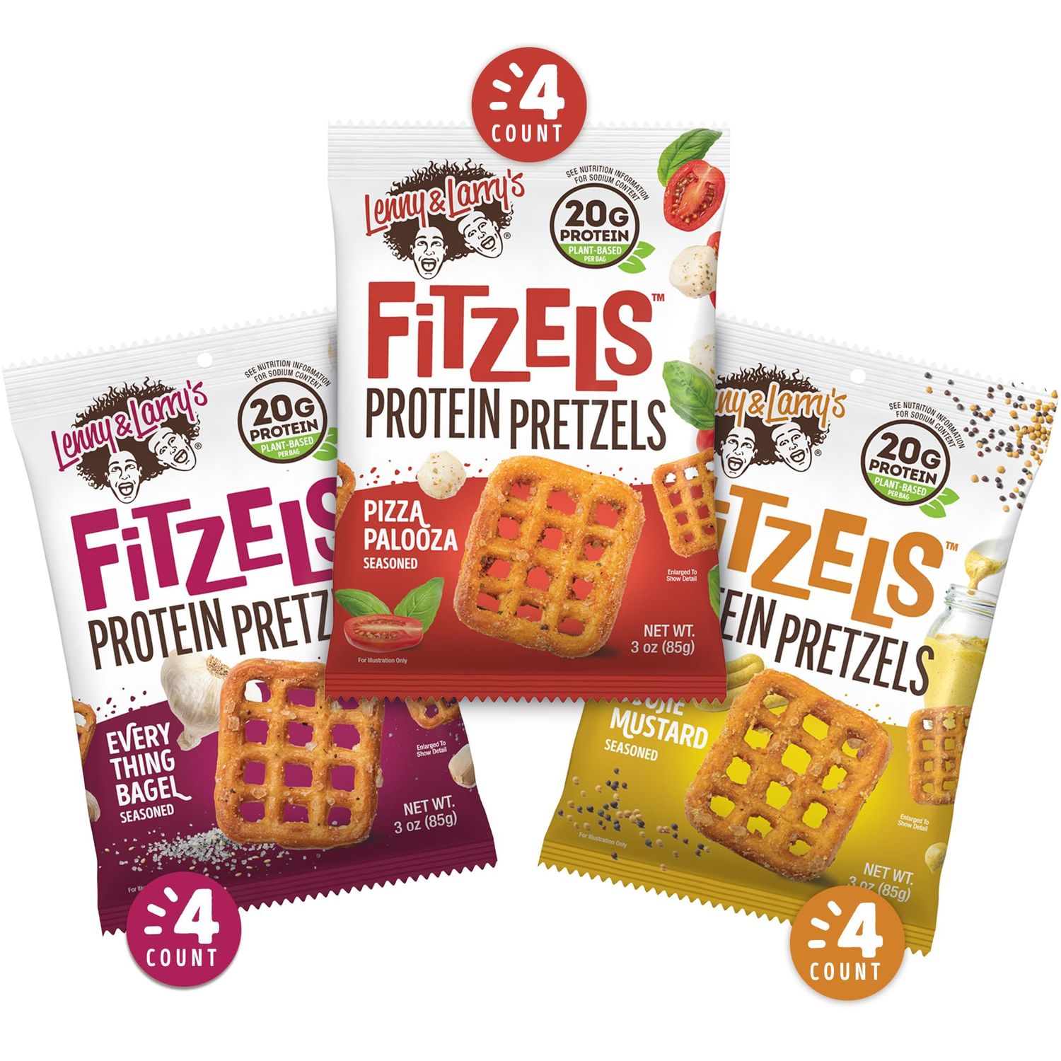 Lenny &amp; Larry&#39;s FITZELS Variety Pack, 3 Flavors, 12 Count- Savory Pretzel Snacks Incredibly Tasty, High Protein Salty, Vegan, Kosher 20 g&#39;s of Plant Based Protein, 3 oz Each